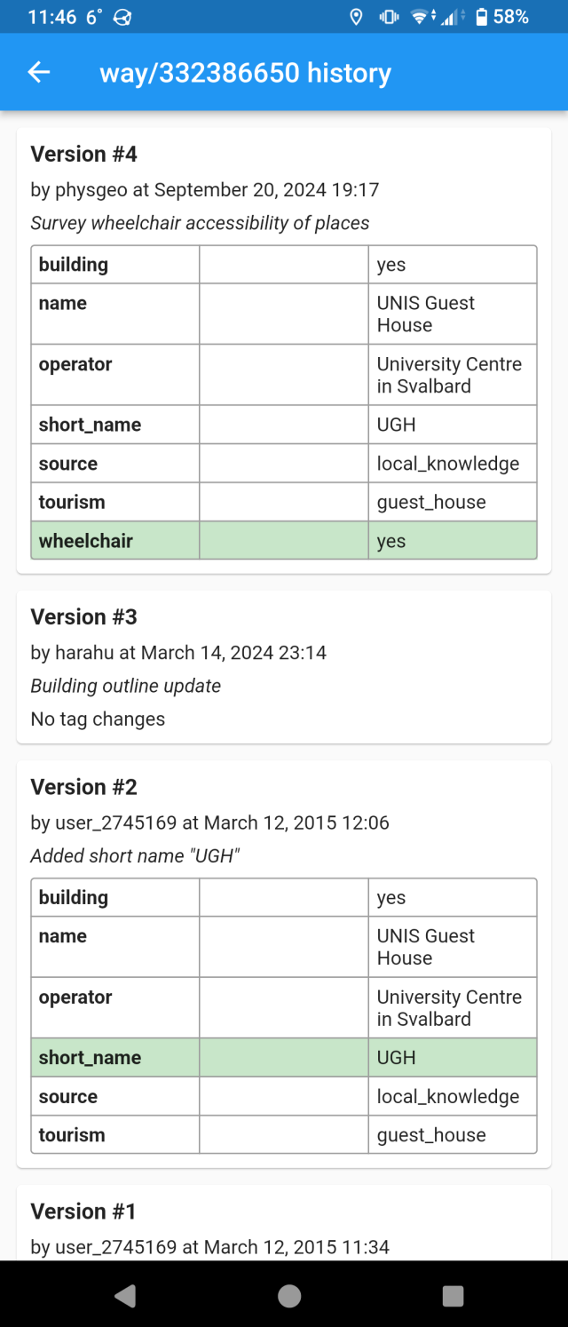 Screenshot of an object history pane in Every Door. The object is a building with a UNIS Guest House in Svalbard. Visible are four versions: the first was in March 2015 by one user, the third — in March 2024 with a building outline update, and the last was on September 20, adding the wheelchair=yes tag.