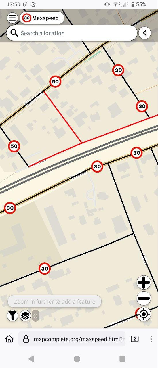 Screenshot of a mobile browser with MapComplete open. There's a yellowish map with black and red lines for roads. On some, speed limits are displayed: 30 or 50. There is a menu button and a header at the top: "Maxspeed", and a "Search a location" field.
