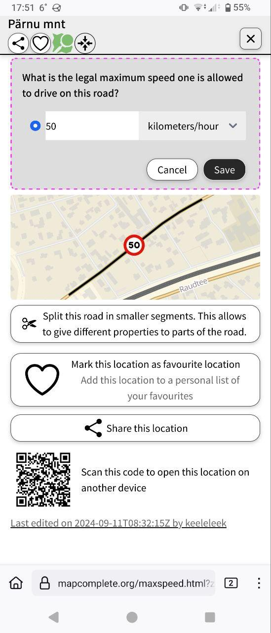 MapComplete opened in a mobile browser. Displayed is a page for editing a speed limit for a road segment. Panels, from the top:

1. Menu bar with some unlabelled icons and an X button.
2. Question: "What is the legal maximum speed one is allowed to drive on this road?" with a "50" for an answer, and two buttons: Cancel and Save.
3. Small map with a black line for a road and a "50" limit in a red circle.
4. Button "Split this road in smaller segments".
5. Button "Mark this location as favourite" with a big heart for an icon.
6. Button "Share this location".
7. A QR code to open the location on another device.
8. Last edited timestamp (11 September, 8:32).