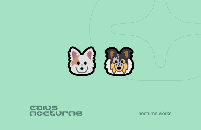 Minimalist vector emoji of two fluffy dogs - one is white with a pale orange patch on their left side stretching over one of their eyes. The other has a very fluffy white neck with black, grey and orange spotted markings on various parts of their head and ears. The artist/designer's logo and URL is at the bottom of the image - Caius Nocturne, nocturne.works