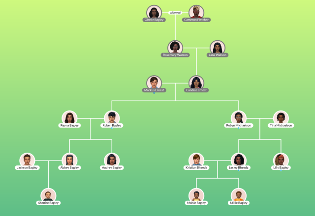 A family tree of Sims with six generations of the Bagley family.