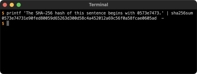 A screenshot of macOS terminal window displaying the output of a pipeline that computes the SHA256 hash of a given text.