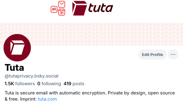 Screenshot of Tuta Bluesky profile