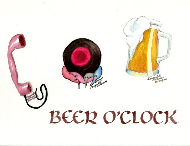 Three watercolour paintings. From left to right: 1) a 1950s-style red telephone receiver. 2) the ORB, its red button pointed forward and glowing, on a bed of plush string-worms. 3) A beer stein, with an overflowing head of foam. Below the paintings, the words "BEER O'CLOCK" in uncial script in brown ink. Signed Laogeodritt, dated 9 November 2024.