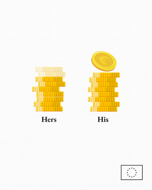 Illustration showing two stacks of euro coins representing the gender pay gap. The stack labelled 'Hers' is shorter, with some coins faded, symbolising the lower average earnings for women. The stack labelled 'His' is taller with one additional coin on top, representing higher average earnings for men. In the bottom right corner, there is an EU flag with stars arranged in a circle. 