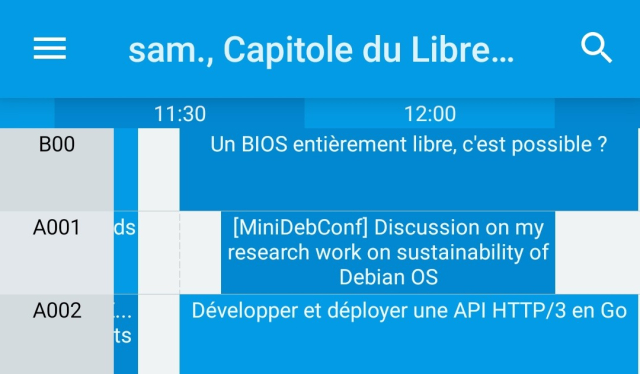 Screenshot of Giggity Android app, the minidebconf schedule is available interleaved in the Capitole du Libre schedule