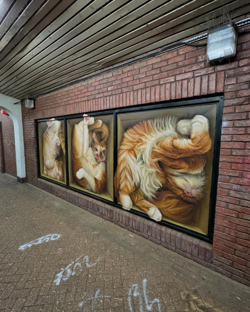 Three-panel mural by street artist IRONY in Kingston Upon Thames, UK, for The Royal Borough of Street Art. The artwork depicts realistic, oversized cats in various curled-up, sleeping poses. Each panel showcases a different angle of the cats, emphasizing their fluffy fur and relaxed postures. Set within a pedestrian underpass with a brick wall, the mural creates a cozy, inviting atmosphere in an otherwise urban setting. The soft textures of the cats contrast with the hard lines of the surrounding environment, adding a playful and comforting element to the space.