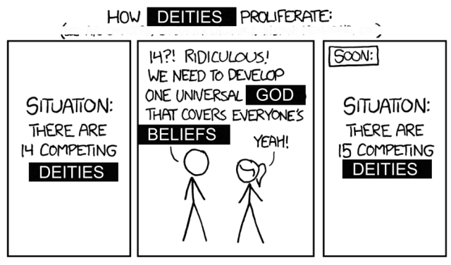 it's https://www.explainxkcd.com/wiki/index.php/927:_Standards but "standards" has been replaced with "deities"