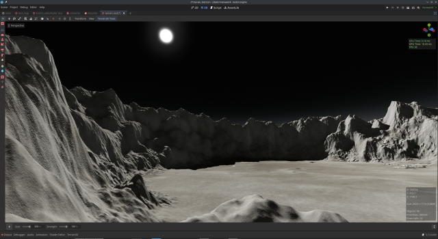 A screenshot from Godot 4 editor showing an inside view of a  pale ring of mountains under a black sky with a bright sun.