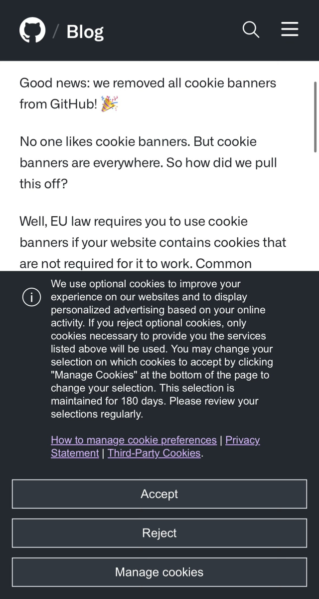 GitHub blog post about removing all cookie banners on their site. However there is a huge cookie banner occupying half of the screen.