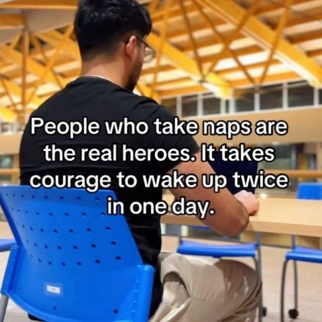 Photo of someone sitting in a blue chair facining away from the viewer while working on a laptop at a lunch table. Caption says:

People who take naps are the real heroes. It takes courage to wake up twice in one day.