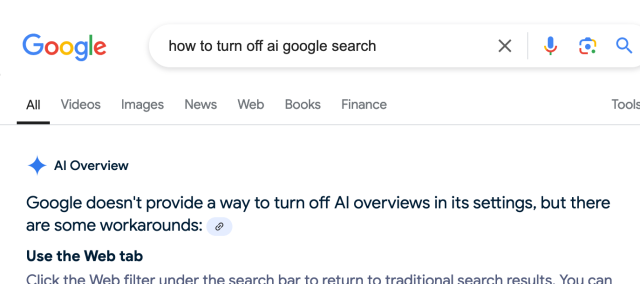 Screenshot of a Google search for “how to turn off ai google search” 

Result shows “AI Overview: Google doesn't provide a way to turn off AI overviews in its settings”