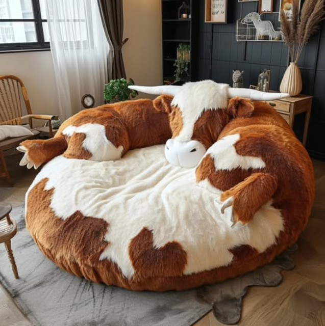 a seat/bed shaped like a longhorn cow