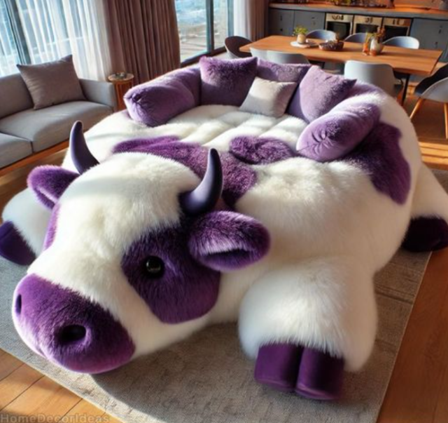 a couch that is also an enormous purple and white fluffy cow plushie with lovely horns and ears