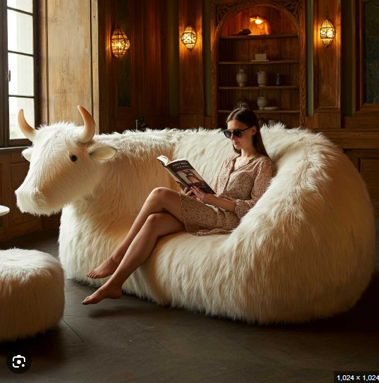 a lady sitting on a couch  reading. the couch is whit and fluffy and shaped like a cow.