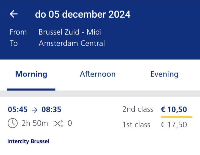 A screenshot of a journey planned from Brussels to Amsterdam on 5 December 2024. The price shown is € 10,50