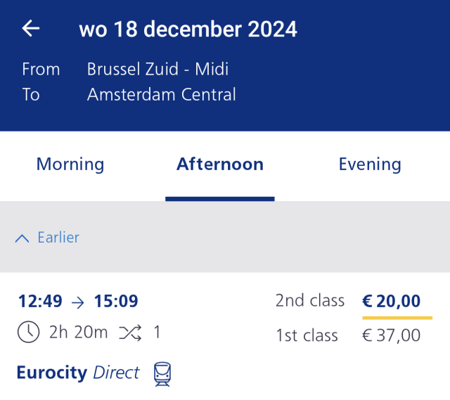 A screenshot of a journey planned from Brussels to Amsterdam on 18 December 2024. The price shown is € 20,00