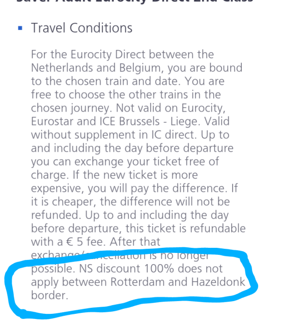 A screenshot of travel conditions. Highlighted: NS discount 100% does not apply between Rotterdam and Hazeldonk border.