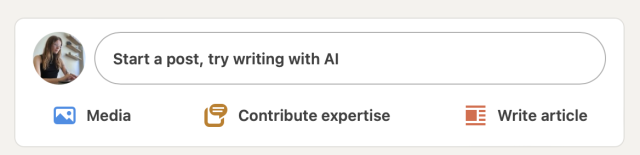 linkedin new post input field labelled: "Start a post, try writing with AI" 