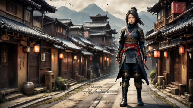 A female ninja warrior in dark blue and black armor walks confidently through a traditional Japanese outpost town. The streets are lined with wooden buildings, glowing lanterns, and a backdrop of distant mountains. Her poised stance and determined expression capture the essence of stealth and strength.