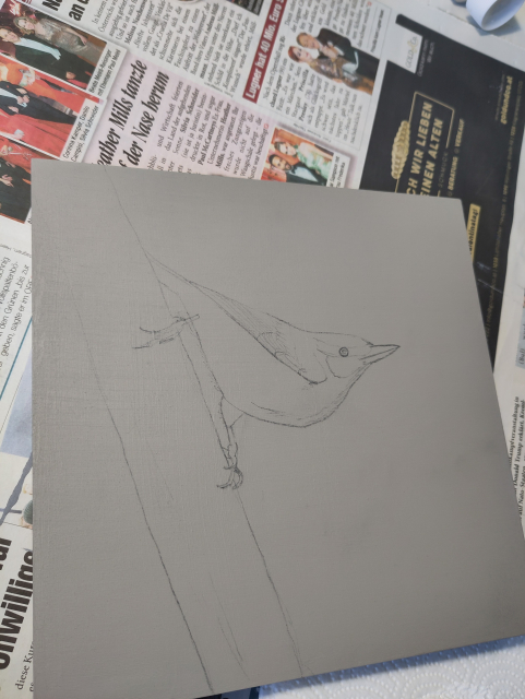 The grey panel with a pencil drawing of a nuthatch on it.