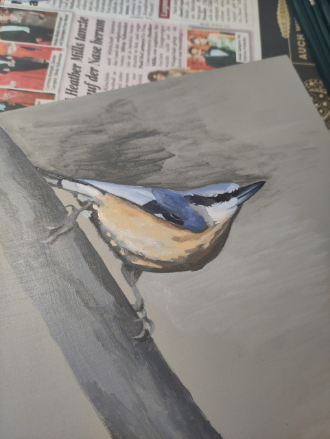 A very rough colored nuthatch on an otherwise grey panel.