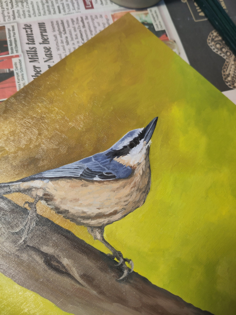 Closeup of the nuthatch painting, it has now more details than before.