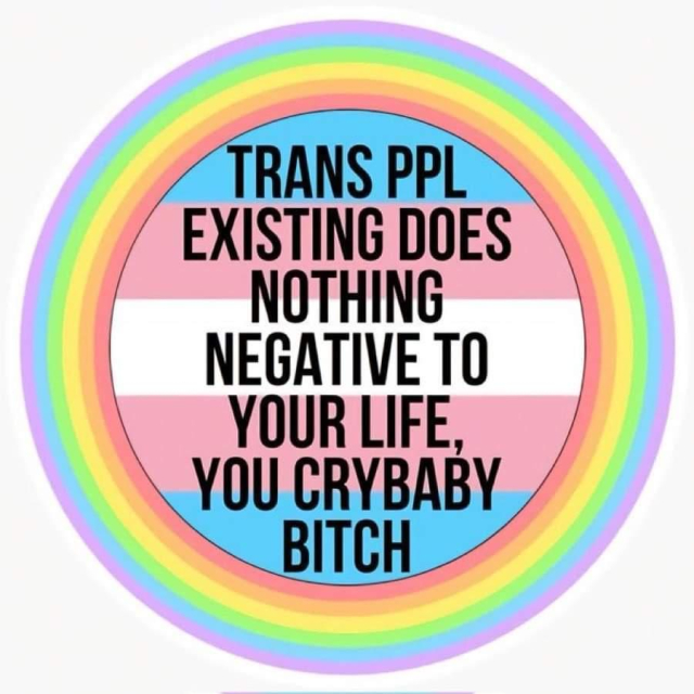 Sticker that says "trans ppl existing does nothing negative to your life, you crybaby bitch."