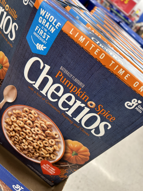 Picture of a box of cereals.

It says “pumpkin spice Cheerios”