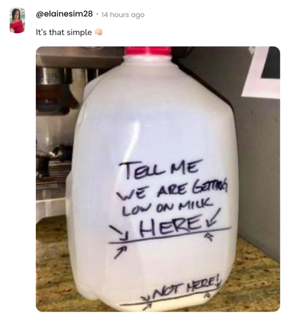 Screenshot of a social post by '@elainesim28' that says: 'It's that simple 👊🏻' Attached is a photo of a gallon of milk with instructions on it.