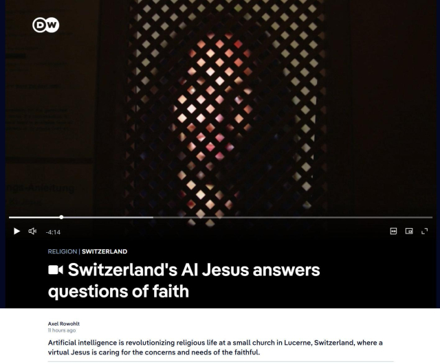 Screengrab: Church confession booth. "Artificial intelligence is revolutionizing religious life at a small church in Lucerne, Switzerland, where a virtual Jesus is caring for the concerns and needs of the faithful."