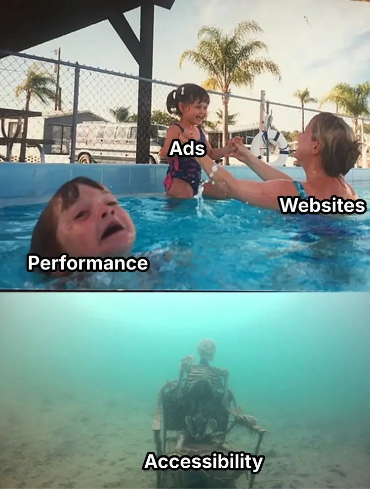 A meme about websites. It shows a mother, labelled "websites," holding a cheerful girl labelled "ads." In the foreground, there's a drowning child labelled "performance." Deep underwater is a skeleton labelled "accessibility."