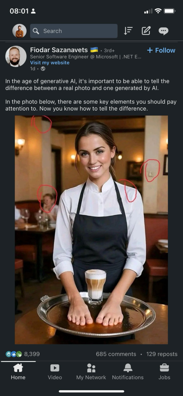 A screenshot from LinkedIn where someone gives advice how to spot an AI generated Image.   In the image a young female waiter is standing behind a table. The table has a tray with Milk Coffee on it.   The poster highlights certain inconsistencies in the image as clues to show that this image was generated by AI such as pixelation on a light switch in the back.   The poster however did not notice that instead of hands, the waitress has FEET at the end of her arms. 