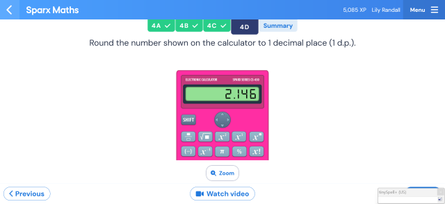 A screenshot from the Sparx maths interface. The previously answered questions are ticked, but this one shows a question asking the user to interpret the screen of a calculator.