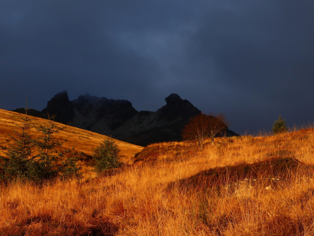 A landscape photo with yellow/orange grass lit up by the sunrise in the foreground, and a dark hill with a distinctive jagged shape in the background