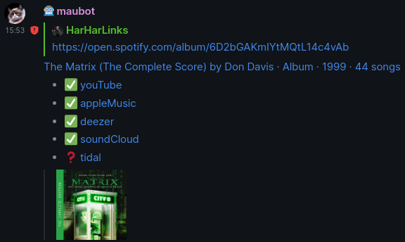 Screenshot of the bot in action. It replies to a message containing a spotify link with alternative links to YouTube, Apple Music, deezer, Soundcloud, and Tidal.