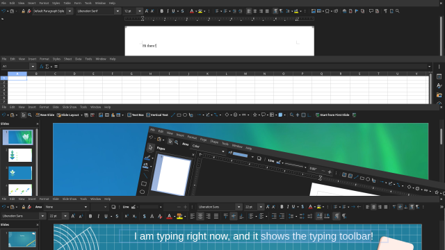 A demo of the LibreOffice "Contextual Single" toolbar showing its default layout in LibreOffice Writer, Calc, Impress, and Draw, as well as the layout that appears when typing text in Impress.
It consistently stays quite compact compared to other layout options, contains only available functions, and shows both icons and text for instant at-a-glance comprehensibility.