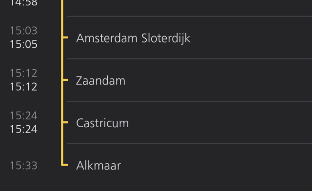 A screenshot of timetable showing that the train already arrived at its destination station Alkmaar at 15:33