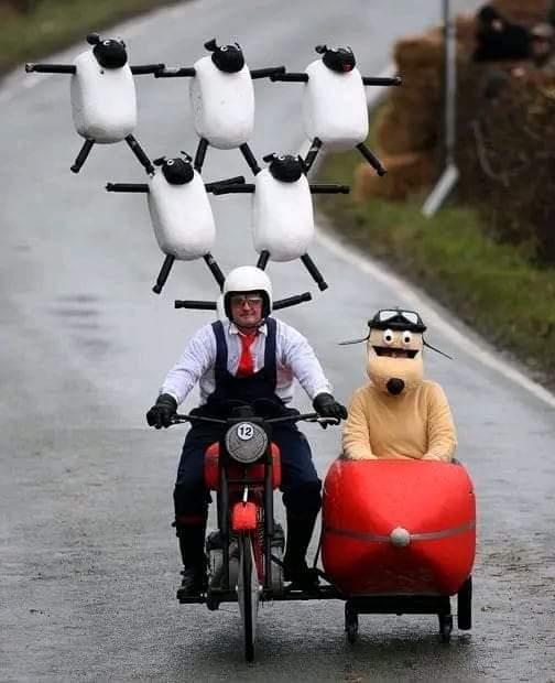 Two men in a soapbox with a side-car
The driver is dressed like Wallace from Wallace and Gromit, and the man in the Red side-car resembles the dog Gromit. 
"Wallace"has five sheep figurines balanced on his shoulders