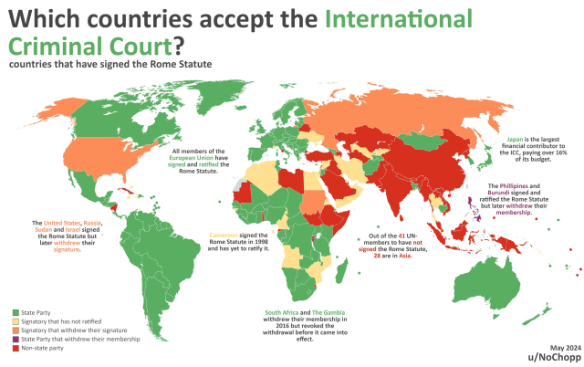 World map with countries labelled by colour denoting their status whether they have signed or ratified the Rome Statute. Of interest to me is that outside of Cambodia or even Thailand (who signed but not ratified), none of the ASEAN countries have done anything. Including the two main countries who liked holding massive (allowed) protests for Palestine.