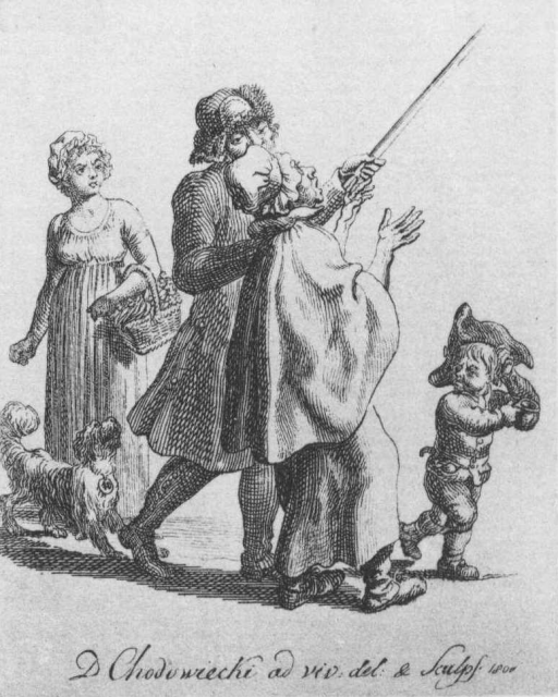 Old engraving of a "Bettlervogt" who drags a poor, old, wailing woman away, grabbing her at the arm with his right hand and raising a stick in his left.