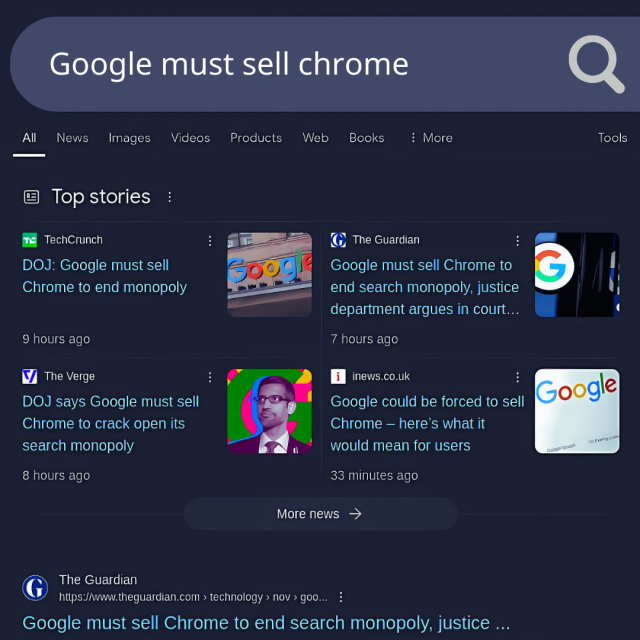 Screenshot of Google search with articles on "Google must sell chrome"