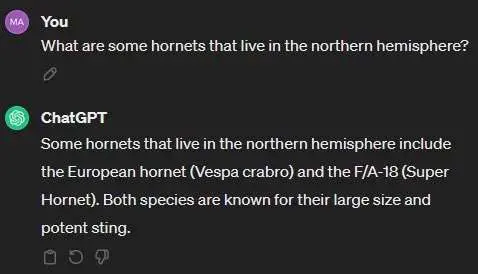 Screenshot of a ChatGPT question and answer. The question is: "What are some hornets that live in the norther hemisphere". The answer ChatGPT gives includes the F/A-18 Super Hornet which, like the European hornet, is known for its large size and potent sting.