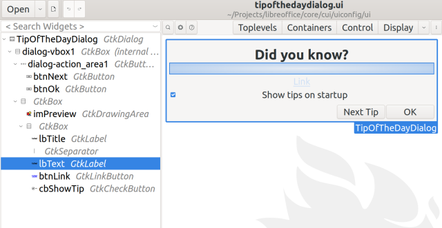 Screenshot of Glade interface designer with a LibreOffice dialog box