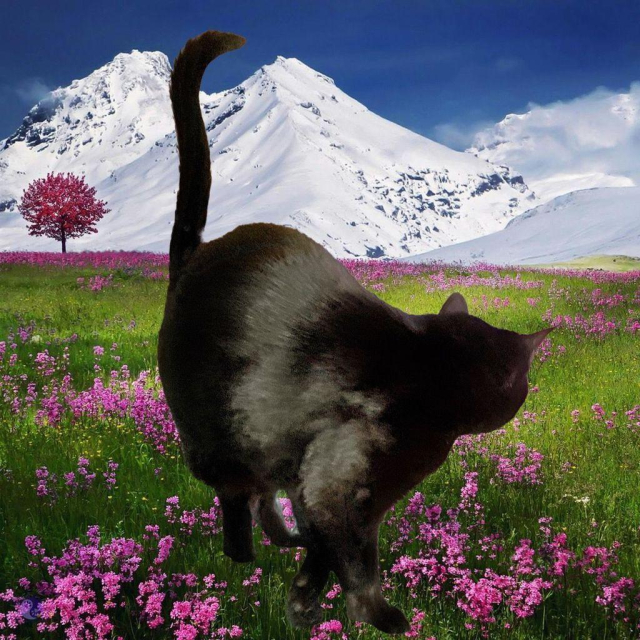 A shiny black cat with a sinuous tail has her back turned from her progress through the poppy meadow, to gaze at snow covered mountains.