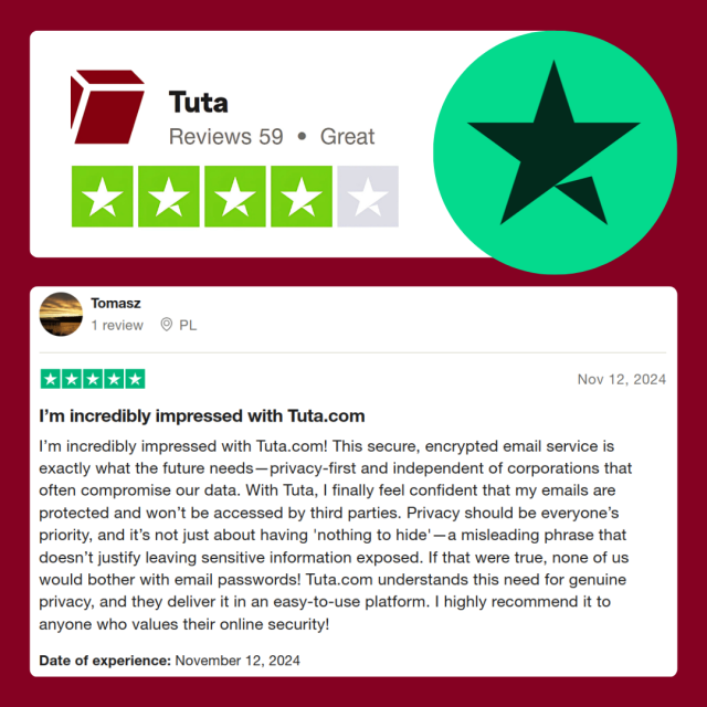 Tuta Trustpilot review. 