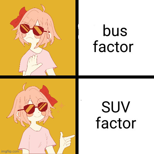 Meme of a young person rejecting the words "bus factor" and instead pointing at the words "SUV factor".