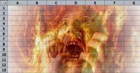 An image blending a spreadsheet layout with a distressed, screaming face, giving a surreal appearance.