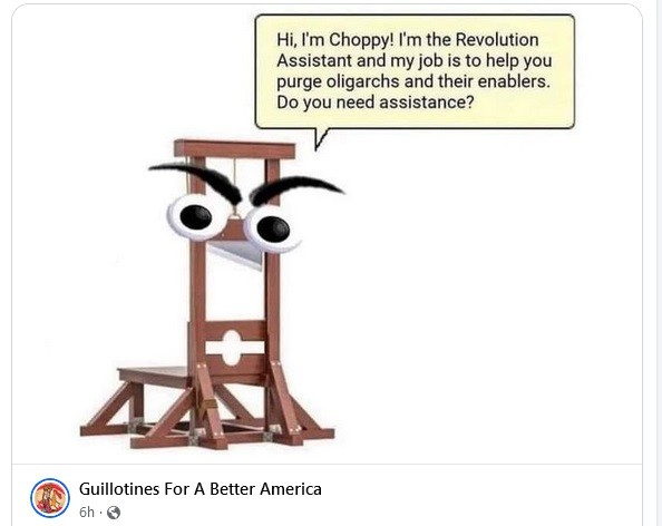 Satire on microsoft's virtual desktop assistant, the animated paperclip, only this is an animated guillotine, who says, "Hi, I'm Choppy! I'm the Revolution Assistant and my job is to help you purge oligarchs and their enablers. Do you need assistance?"