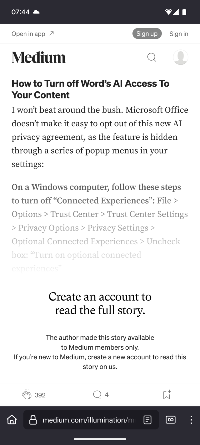 Screen shot of the post in Medium in my mobile browser, and shortly below the headline ”How to Turn off Word’s AI Access To Your Content” the text starts to fade to white on white followed by the text “Create an account to read the full story. The author made this story available to Medium members only. If you’re new to Medium, create a new account to read this story on us.”